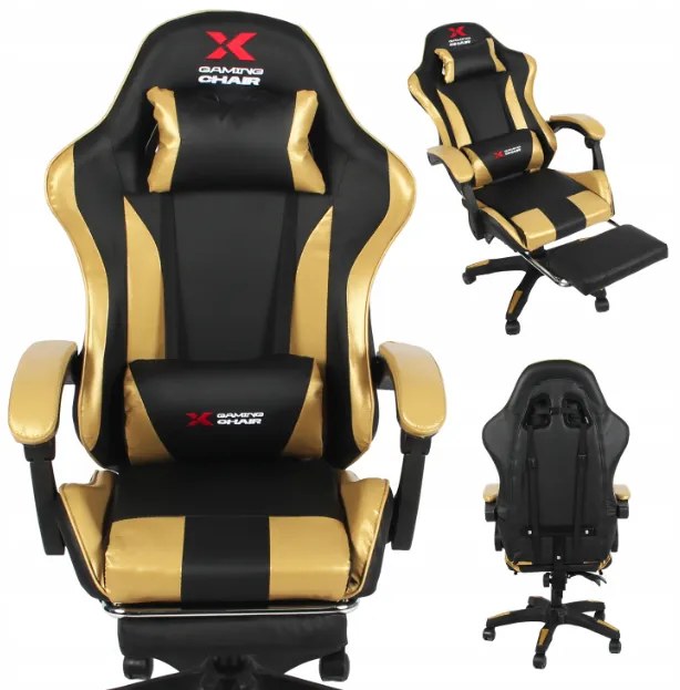 Геймърски стол Xgaming с поставка за крака - черен и златен