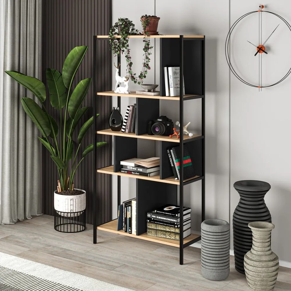 Етажерка за книги в дъбов декор в черно и натурално 88x175 cm Alabama - Marckeric