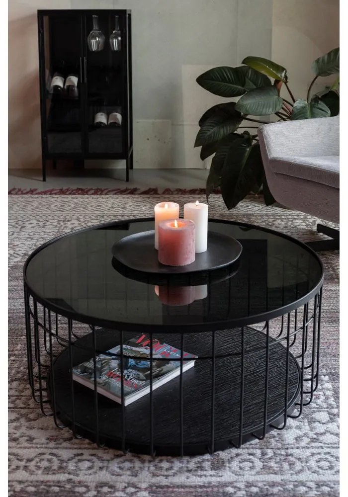 Черна кръгла масичка за кафе със стъклен плот 80x80 cm Lance – White Label