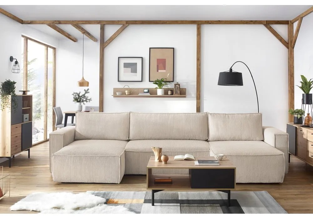 Бежов велурен U-образен разтегателен диван Nihad - Bobochic Paris