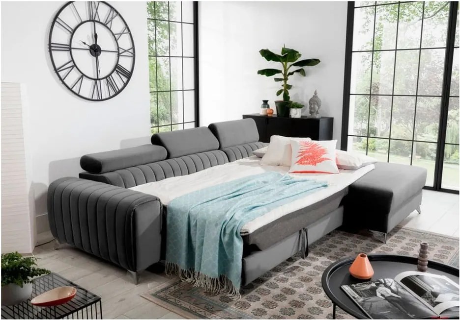 Сив кадифен разтегателен ъглов диван с място за съхранение (десен ъгъл) Grayson – ELTAP