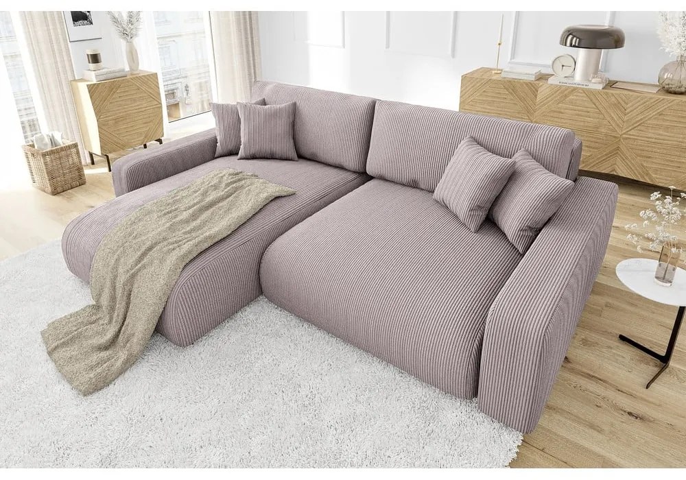 Светлорозов разтегателен ъглов диван от рипсено кадифе (променлив) Sara – Ropez