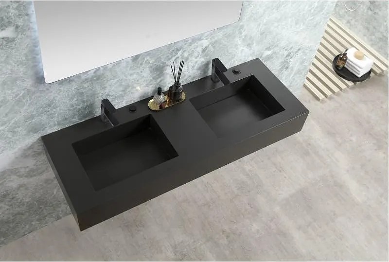 Мивка за баня 12049/140X50 MATT BLACK, двойна, стенен монтаж, кварц, черен мат, 140x50x18см