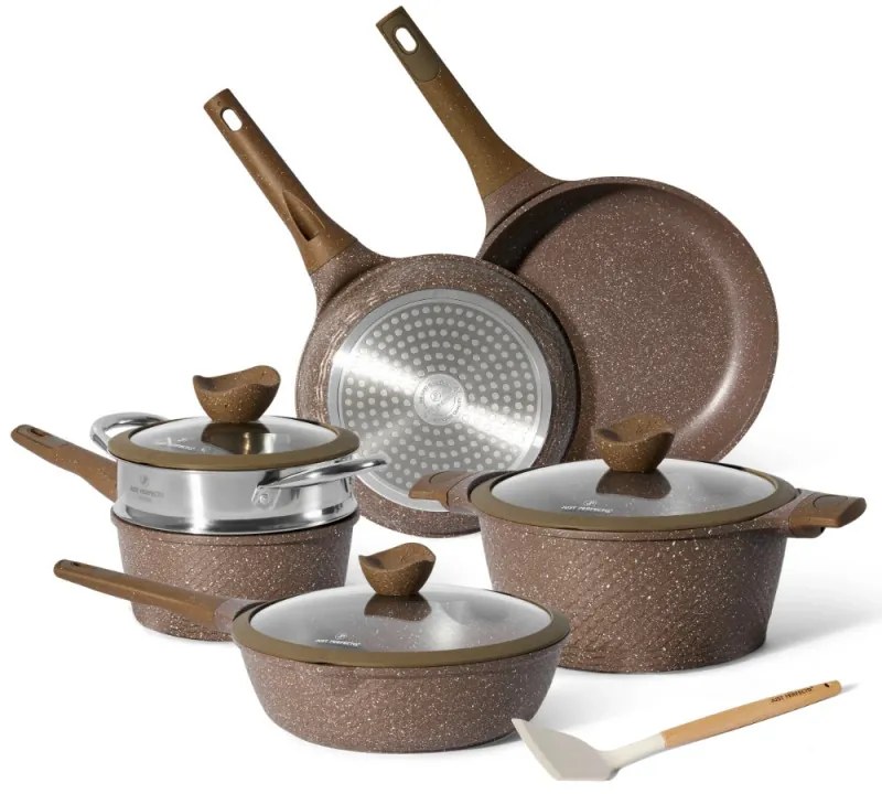 Комплект тенджери и тигани Just Perfecto JL-26, 14 ч, Отливка, Мраморно покритие, Индукция, Съд за готвене на пара, Аксесоари, Кафяв