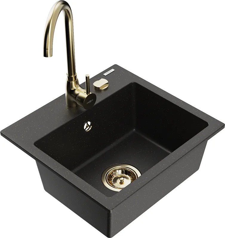 Mexen Milo гранитна мивка с 1 отделение с кухненски смесител Telma, черно/златно - 6505-75-670200-50