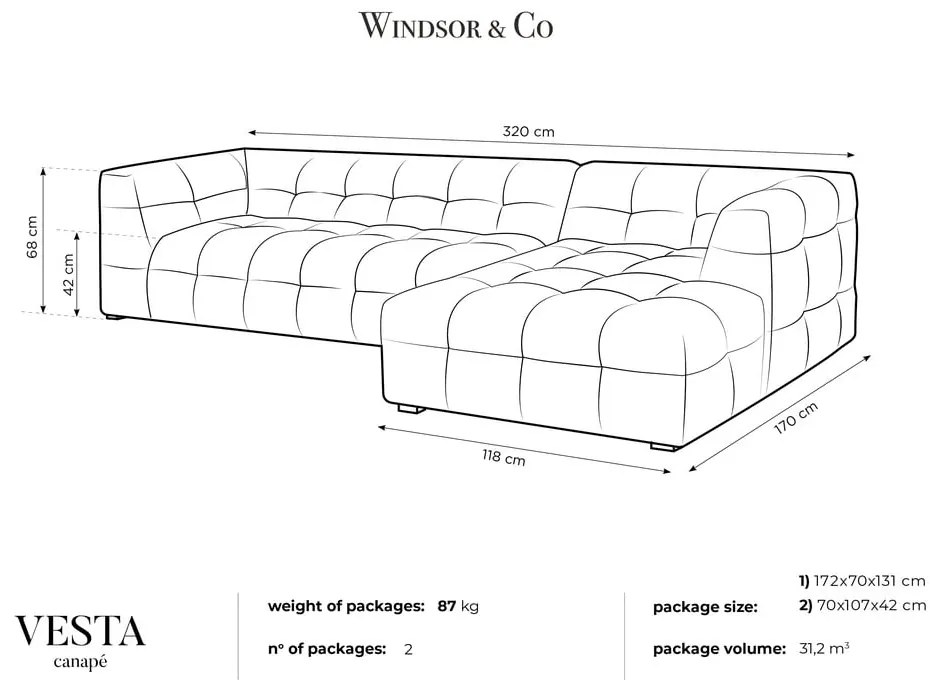 Ъглов диван от сиво кадифе , десен ъгъл Vesta - Windsor &amp; Co Sofas