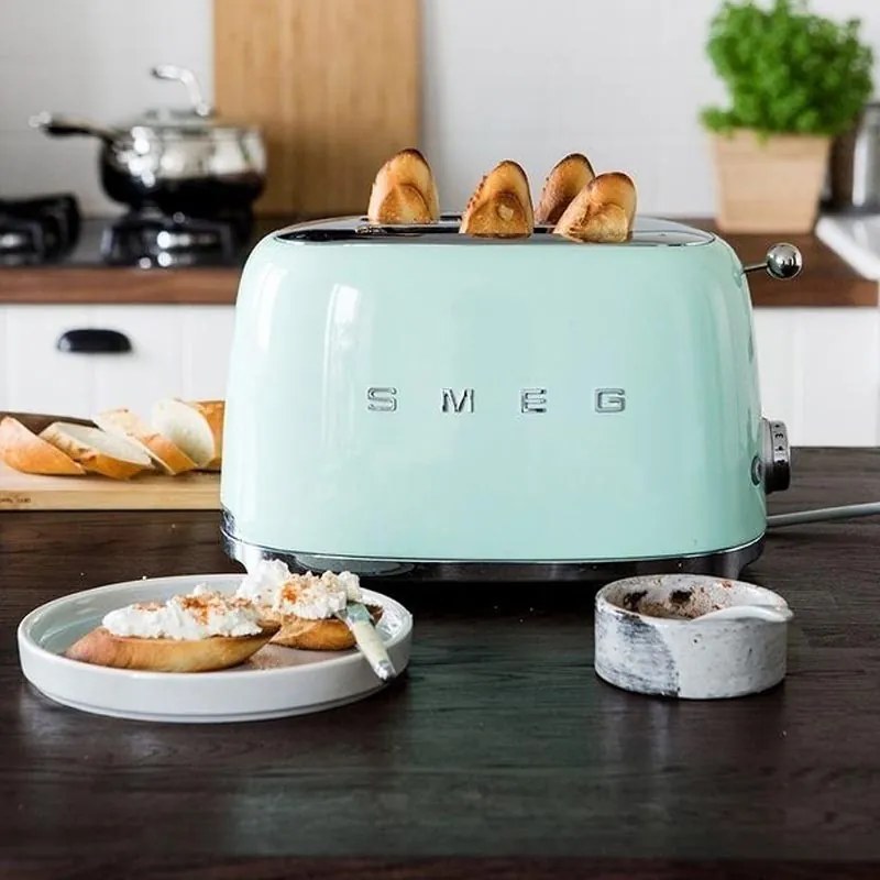 Тостер за хляб SMEG 50's Style TSF01PGEU, 950W, 2 филии, 6 нива, Тавичка за трохи, Вграден кабел, Неръждаема стомана, Зелен