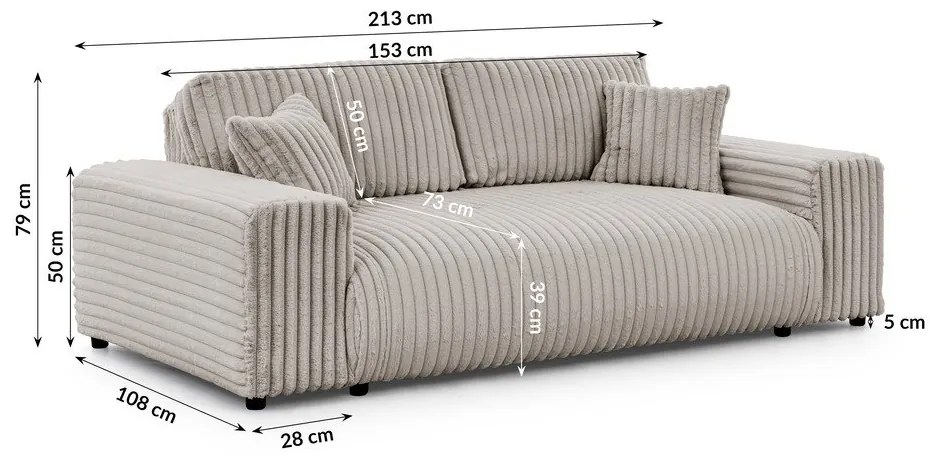 Светлосив диван от рипсено кадифе 213 cm Justin – Ropez