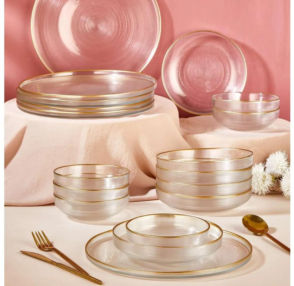 Комплект за хранене 18 части, прозрачно стъкло със златисти акценти