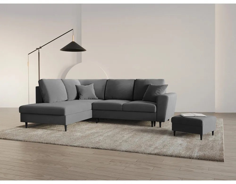 Светлосив кадифен разтегателен ъглов диван с място за съхранение (ляв ъгъл/L форма) Kyoto – Cosmopolitan Design