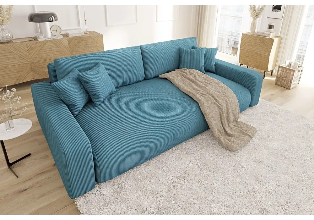 Тюркоазен разтегателен диван с място за съхранение от рипсено кадифе 234 cm Sara – Ropez