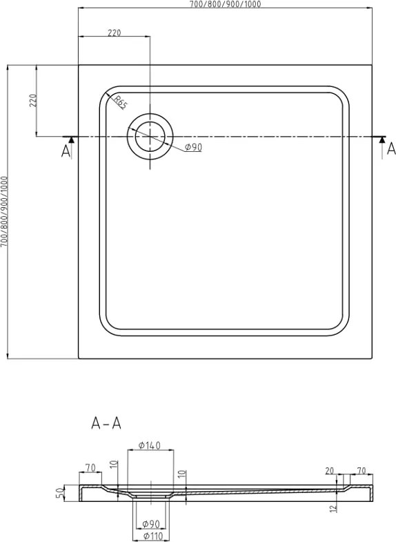 Mexen Flat квадратно тънко душово корито 90 x 90 см, бяло, черен сифон - 40109090B