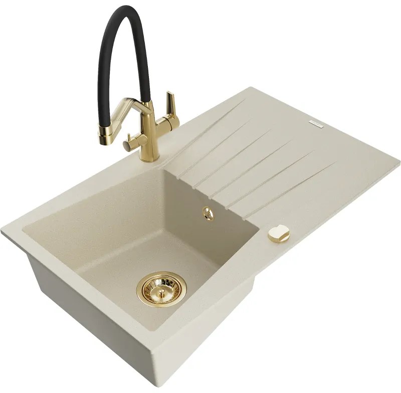 Mexen Cesar гранитна мивка с 1 казанче с отцедник и кухненски смесител Duo, бежов - 6514-69-671701-57-G