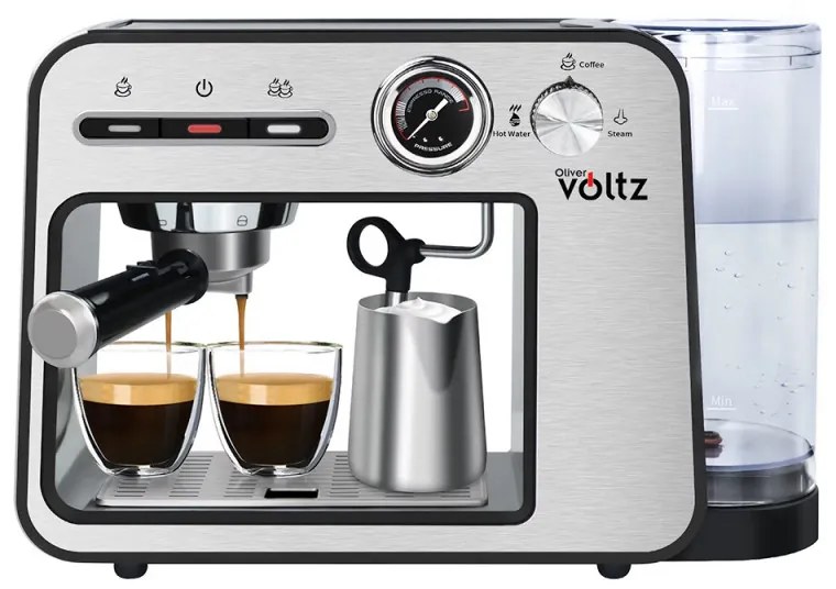 Еспресо машина Oliver Voltz OV51171H, 1450W, 15 bar, 1L, Подгряване на чаши, Авт. изключване, Инокс/черен
