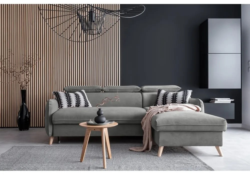 Ъглов разтегателен диван от светлосиво кадифе (десен ъгъл) Sweet Harmony - Miuform