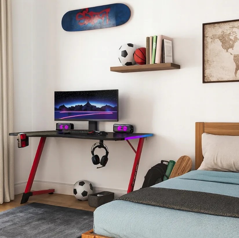 Черно-червена геймърска маса, PC маса с RGB LED осветление Šírka: 140 cm