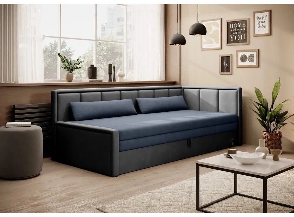 Син сив шенилов разтегателен диван с място за съхранение 214 cm Fulgeo – ELTAP