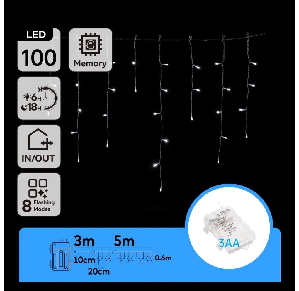 Aigostar - LED външен коледен гирлянд 100 LED, 8 функции, 3xAA, IP44, студен бял