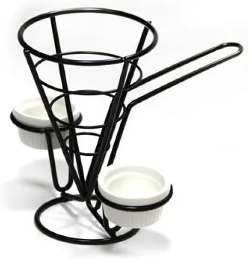 Horecano - Метална стойка конус за сервиране на чипс с две купички за сос, черна, 10x15cм, B2276B (181004-2)