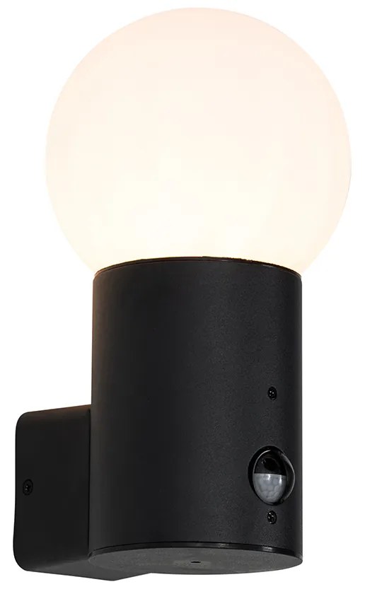 Външна стенна лампа черна с опалово стъкло с датчик за движение - Huma