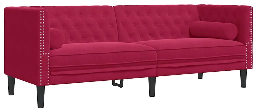 372697 vidaXL Честърфийлд диван с болстери, 3-местен, виненочервени, кадифе