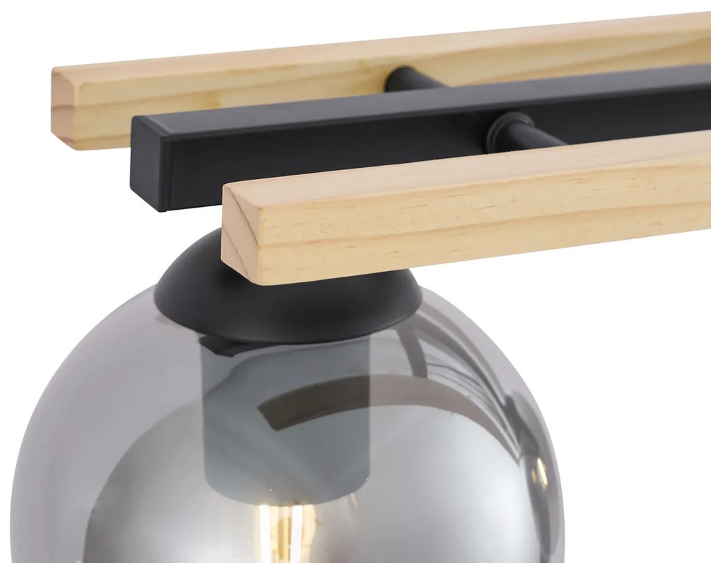 Smart hanglamp zwart met hout en smoke glas 4-lichts incl. Wifi A60 - Aleks