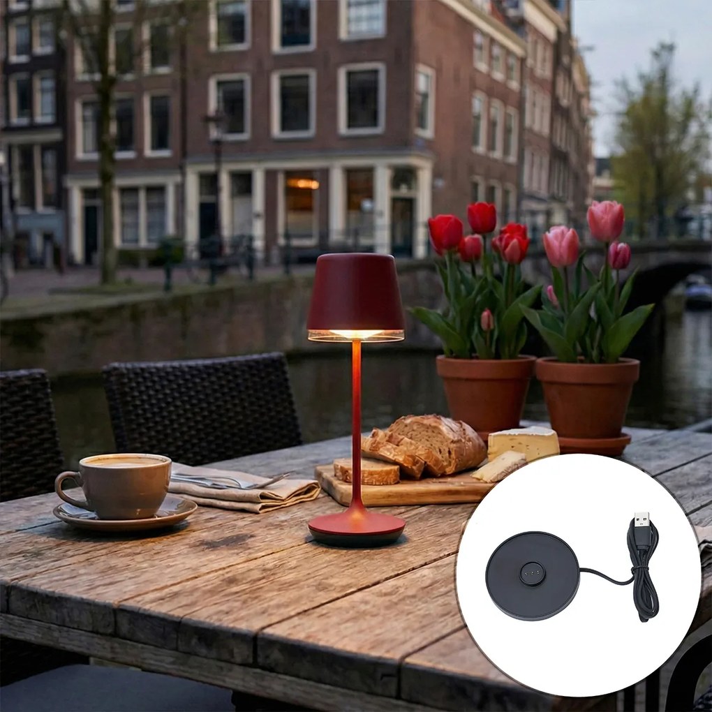 Настолна лампа червена с LED IP65 акумулаторна със станция за зареждане - Treble