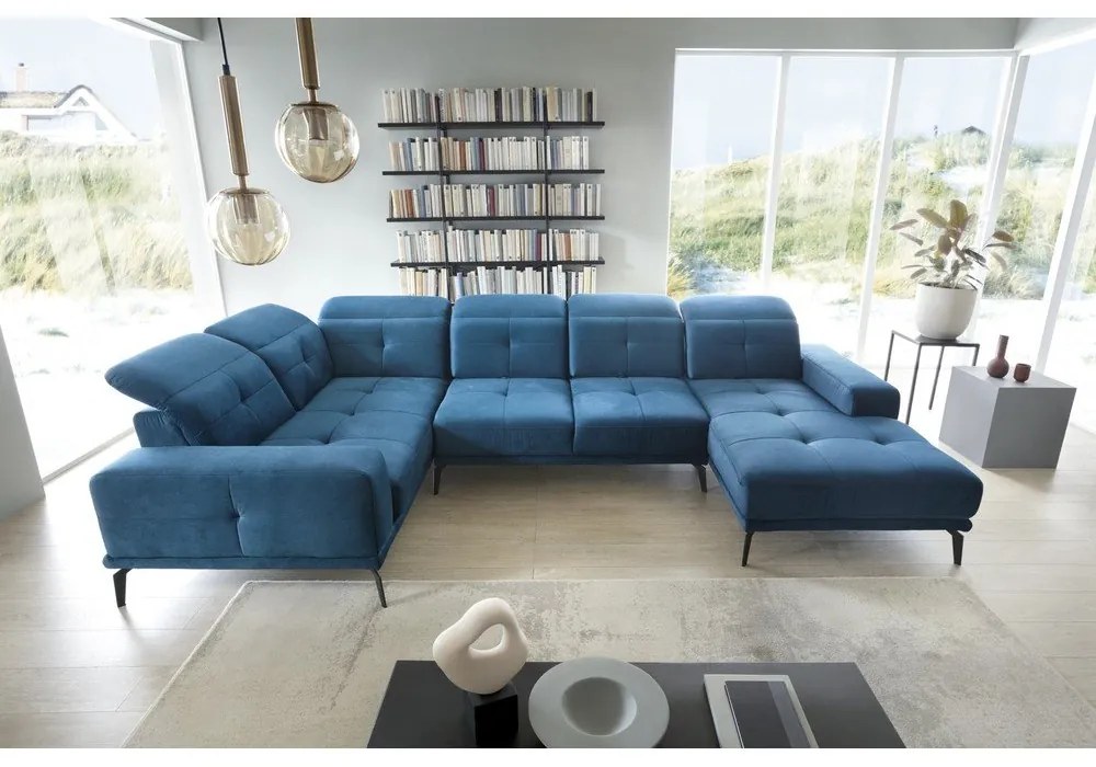 Син кадифен ъглов диван (ляв ъгъл/U форма) Neviro – ELTAP