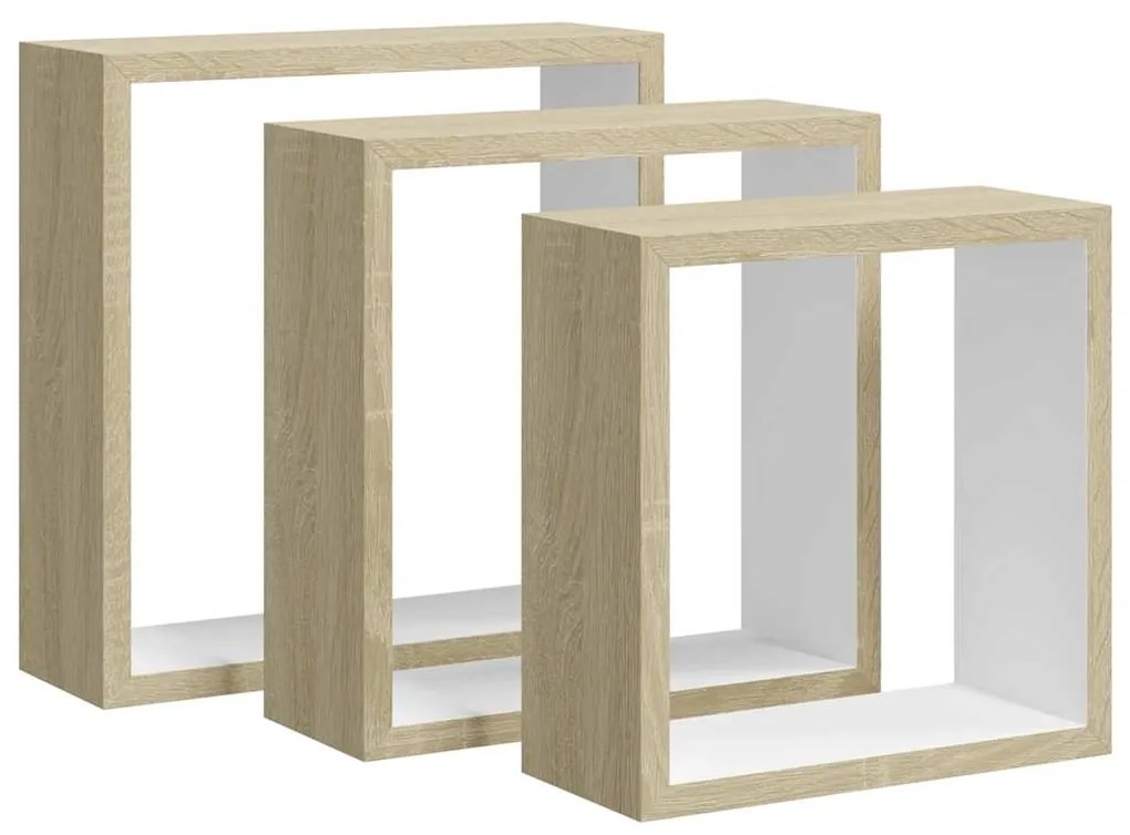 326720 vidaXL Стенни кубични рафтове, 3 бр, бяло и дъб сонома