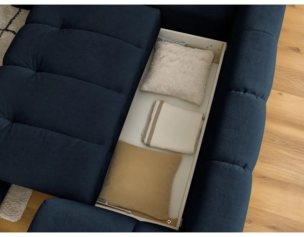 Тъмносин сгъваем/с място за съхранение ъглов диван (ляв ъгъл/L форма) Fuji – Bobochic Paris