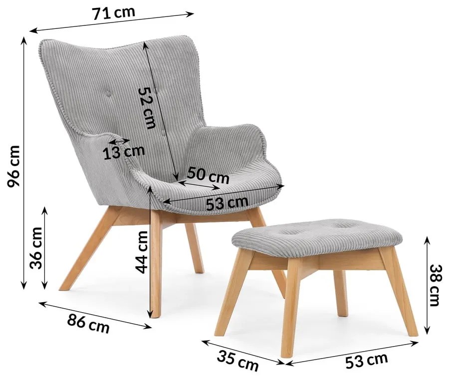 Сив фотьойл с табуретка от рипсено кадифе Niko – Ropez