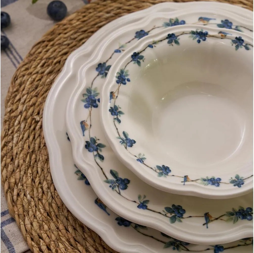 Комплект за хранене, 24 части, бял/син, порцелан