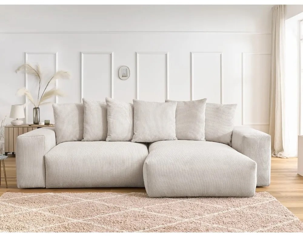 Кремав сгъваем/с място за съхранение ъглов диван от рипсено кадифе Voltaire – Bobochic Paris