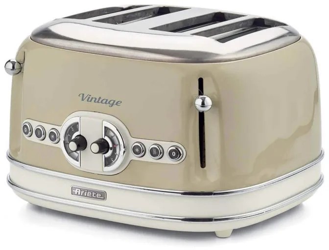 Тостер за хляб Ariete VINTAGE 0156/03, 1600W, 4 филии, 3 функции, 6 степени, Подвижна тава за трохи, Бежов