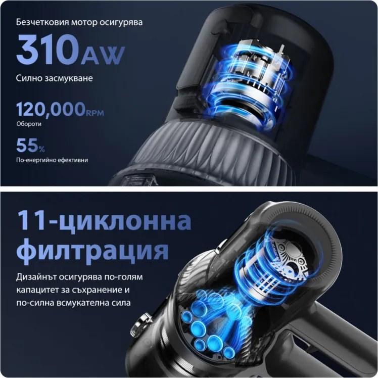 Вертикална прахосмукачка 3в1 JIMMY JV10 Pro Aqua, 800W, 0.6 л, 90 мин, Сухо/мокро + полиране, 4 режима, Сензор за прах, Авто регулиране на мощност, Бял/черен
