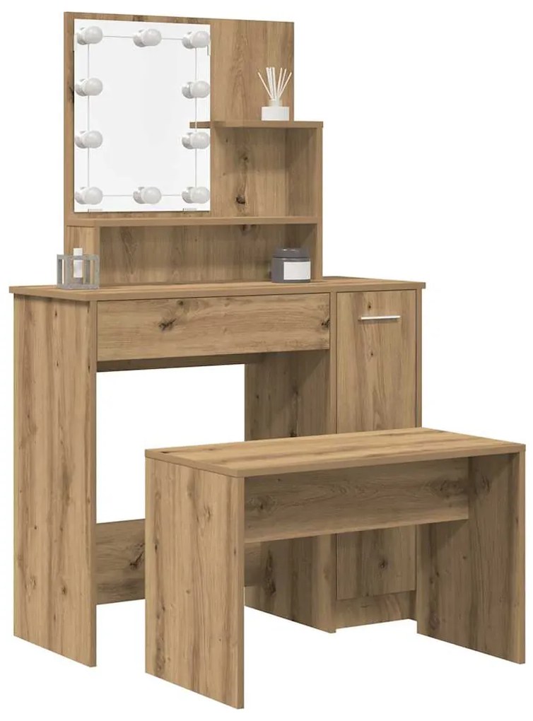 3329186 vidaXL Комплект тоалетка с LED Artisan Oak Engineered Wood