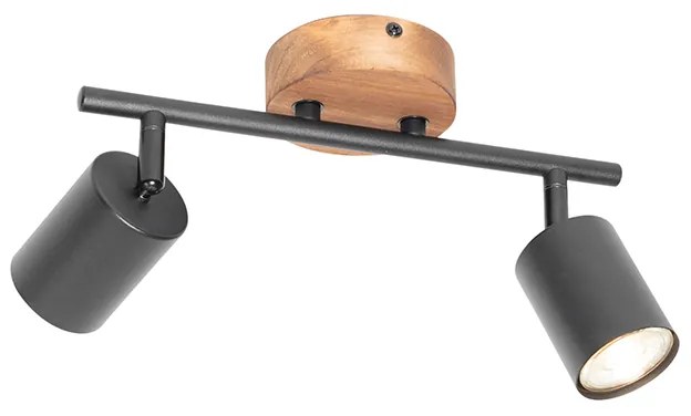 Индустриален прожектор черен с дърво наклонен 2-светлина - Jeana