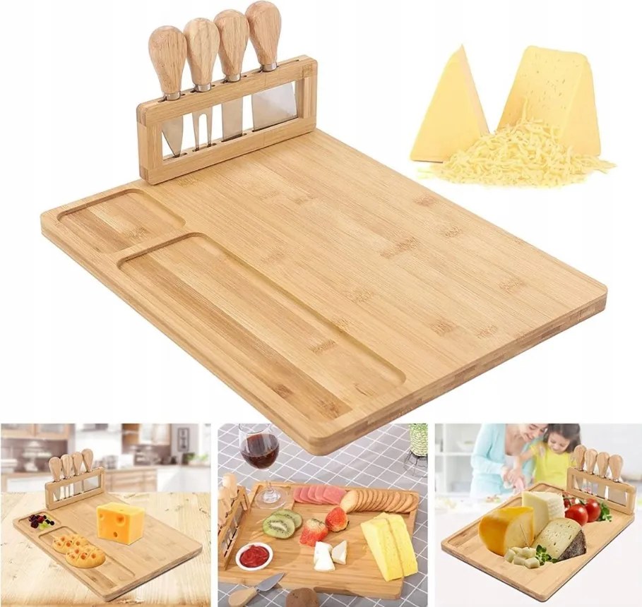 Бамбукова дъска за сирена с магнитна лента и 4 ножа от неръждаема стомана