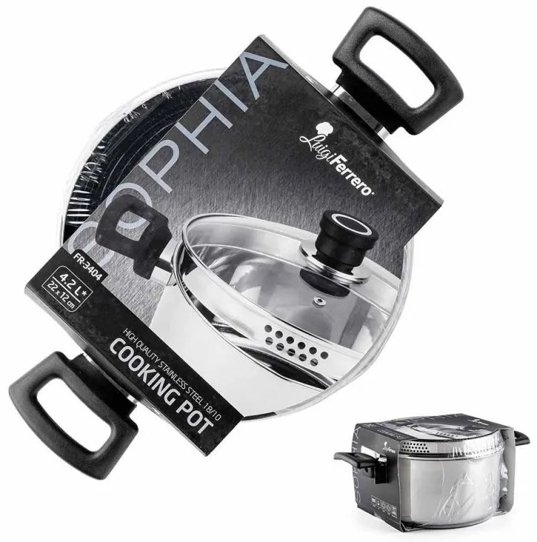 Тенджера Luigi Ferrero Sophia FR-3404, 22x12 см, 4.2 л, Стомана 18/10, Стъклен капак, Индукция, Инокс