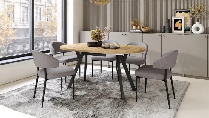 АЛМО Дъб Артисан/черни крака - КРЪГЛА РАЗТЕГАТЕЛНА МАСА С Y-ОБРАЗНИ КРАКА В ЛОФТ/ИНДУСТРИАЛЕН СТИЛ ЗА ХОЛ ИЛИ ТРАПЕЗАРИЯ