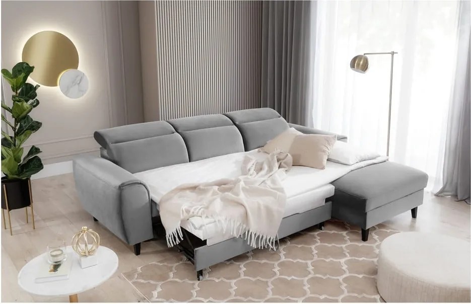 Сив кадифен разтегателен ъглов диван с място за съхранение (десен ъгъл) Foble – ELTAP
