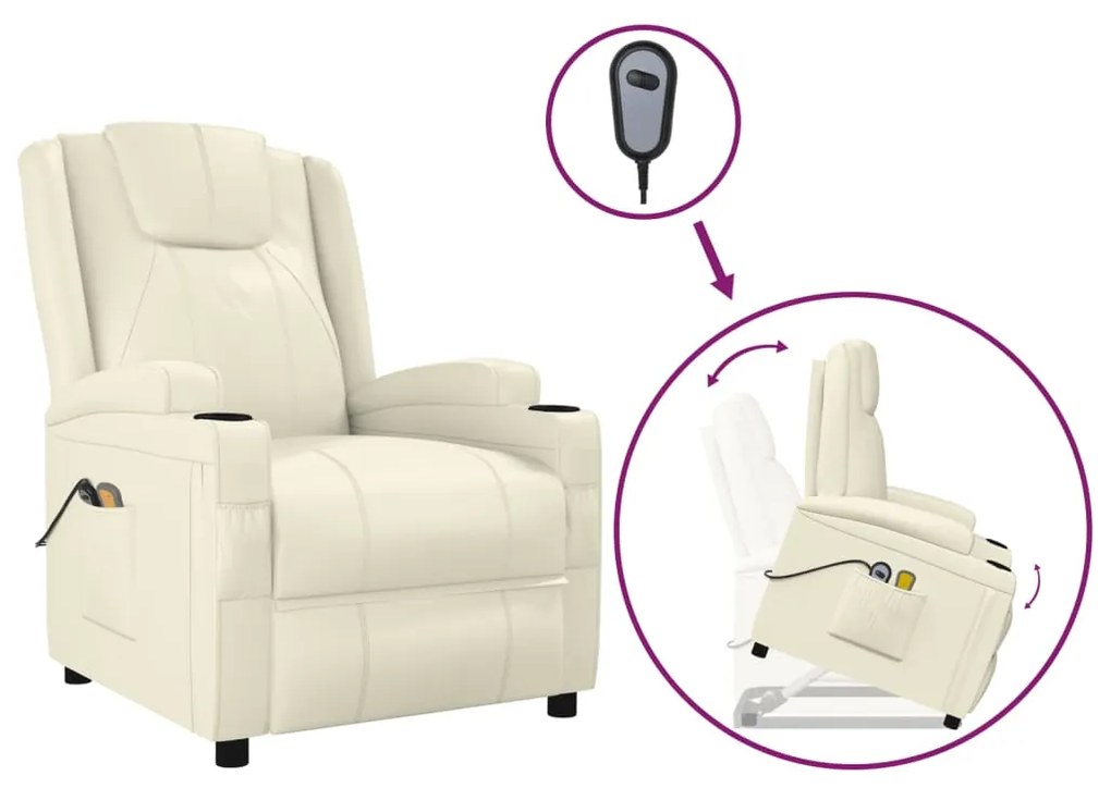 3100330 vidaXL Изправящ масажен стол, кремавобял, изкуствена кожа