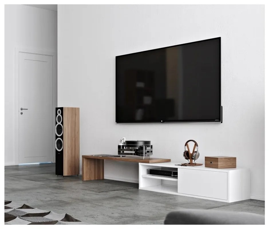 Бяла маса за телевизор с детайли от орехово дърво - TemaHome