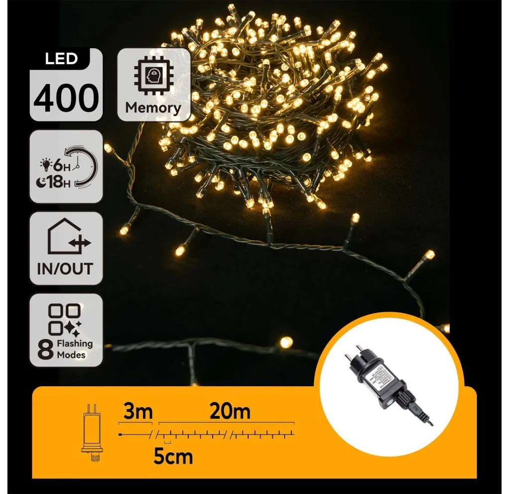 Aigostar - LED външна коледна гирлянда, 400 LED, 8 режима, 23 m, IP44, топла бяла светлина