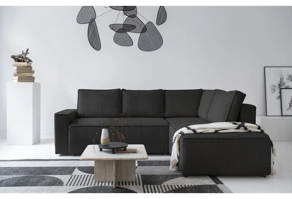 Антрацитен разтегателен ъглов диван от рипсено кадифе (десен ъгъл) Brave Dave – Miuform