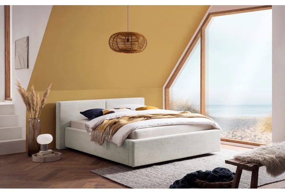 Бежово двойно легло 140x200 cm тапицирано с място за съхранение с включена подматрачна рамка Cube – Meise Möbel