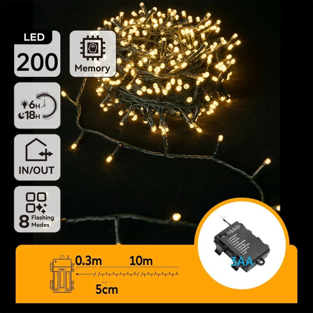 Aigostar -LED Външен коледен гирлянд 200xLED/8 функции 3xAA 10,3m IP44 топла бяла