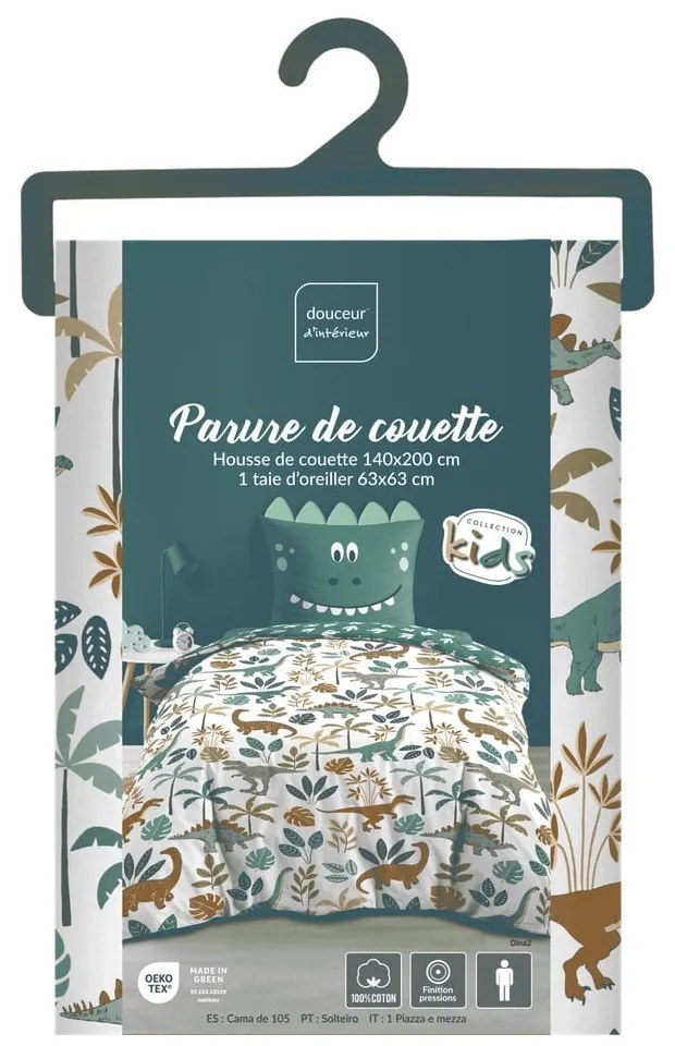 Бяло/зелено единично памучно детско спално бельо 140x200 cm Dina – douceur d'intérieur