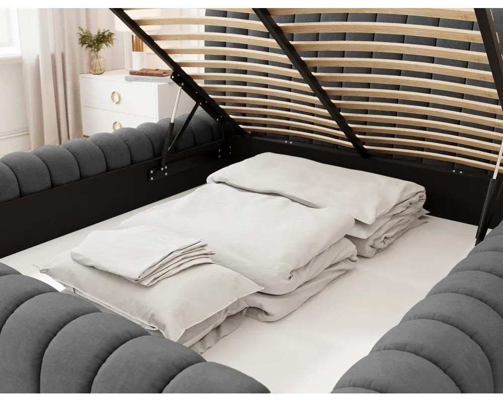 Тъмносиво двойно легло 140x200 cm тапицирано с място за съхранение с включена подматрачна рамка Carilla – ELTAP