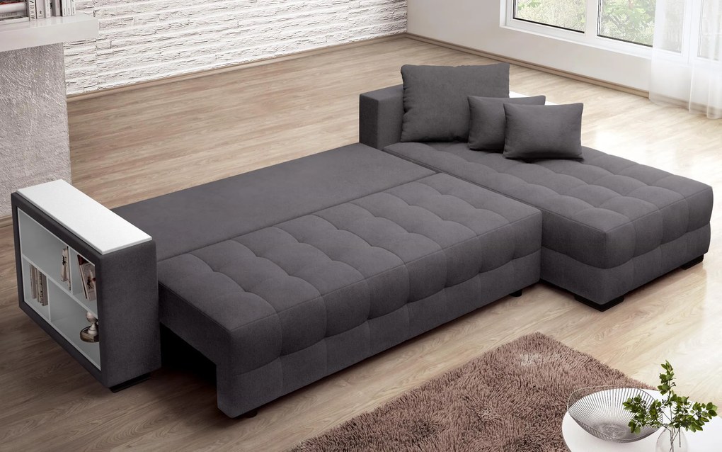 Разтегателен ъглов диван с подлакътник етажерка Мелвин Спринг